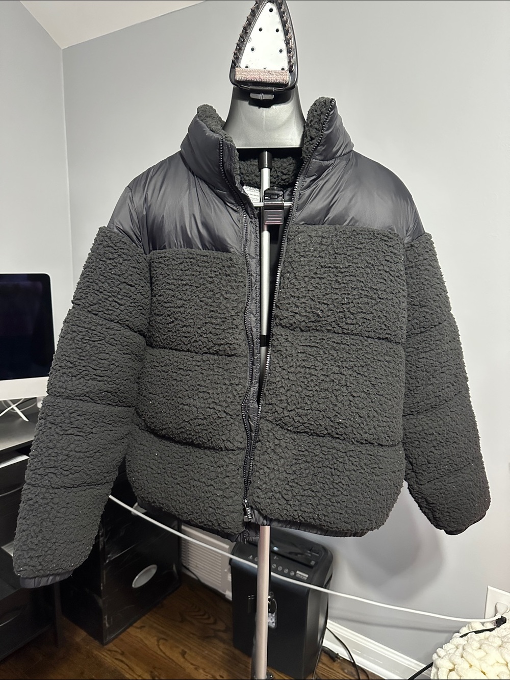 Womens Black Sherpa Puffer Jacket - Cozy Insulated Coat